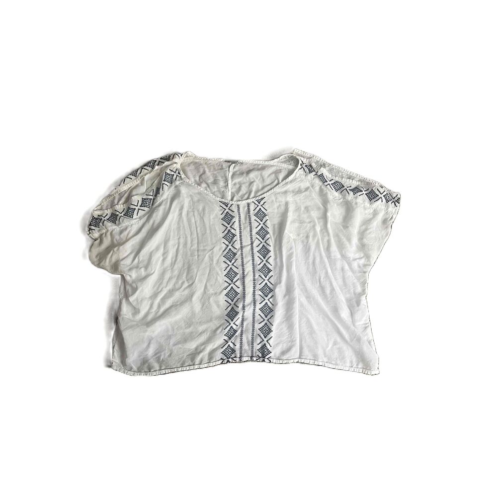 White Embroidery Short Sleeve Peasant Blouse Size Medium